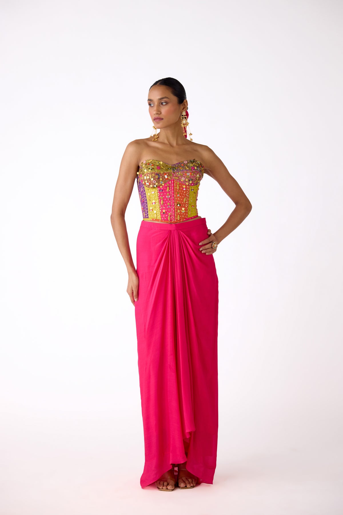 PINK MIRROR EMBROIDERED CORSET AND SKIRT SET | Nishly Fashion House