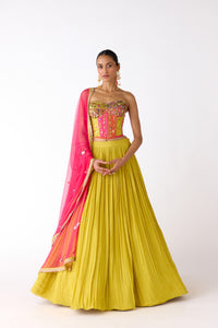 LIME MIRROR EMBROIDERED CORSET AND LEHENGA SET | Nishly Fashion House