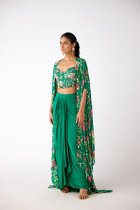 GREEN FLORAL EMBELLISHED CORSET CAPE AND SKIRT SET