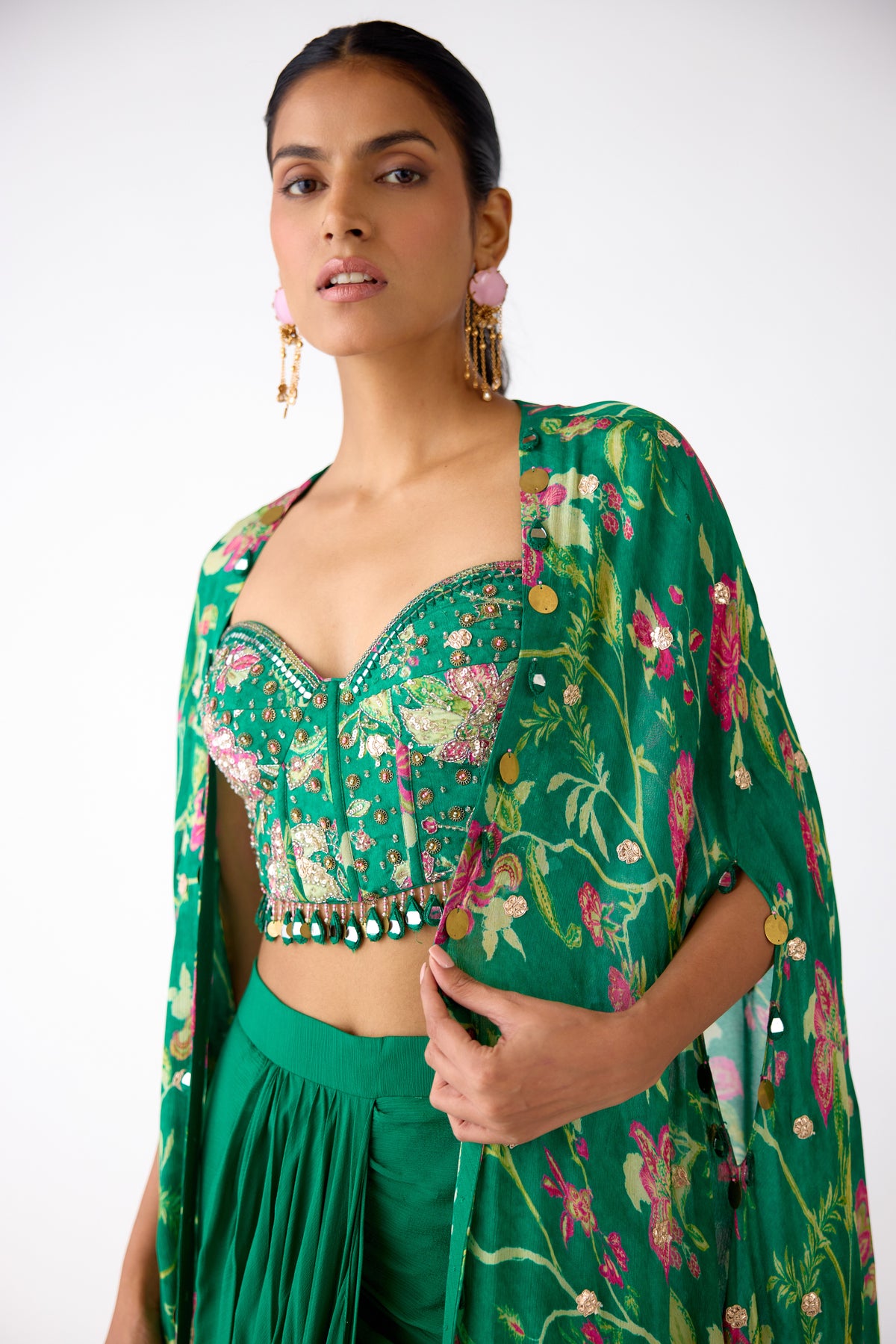 GREEN FLORAL EMBELLISHED CORSET CAPE AND SKIRT SET