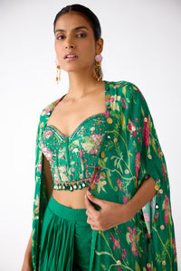 GREEN FLORAL EMBELLISHED CORSET CAPE AND SKIRT SET