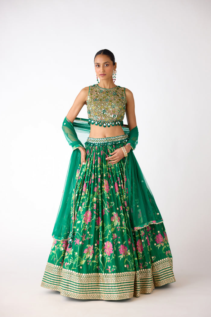 GREEN FLORAL MIRROR EMBROIDERED LEHENGA SET