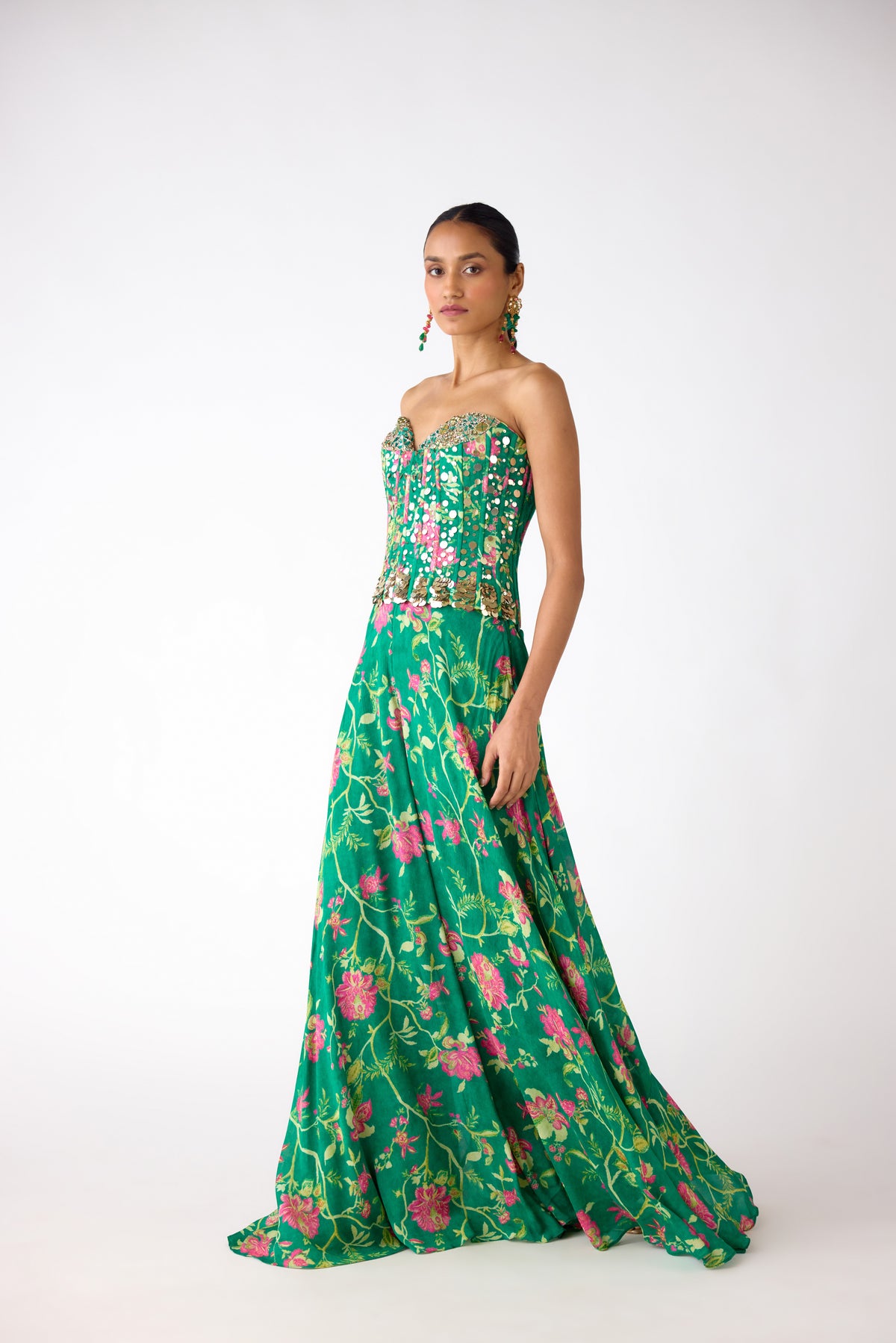 GREEN FLORAL SEQUINS CORSET AND SHARARA SET