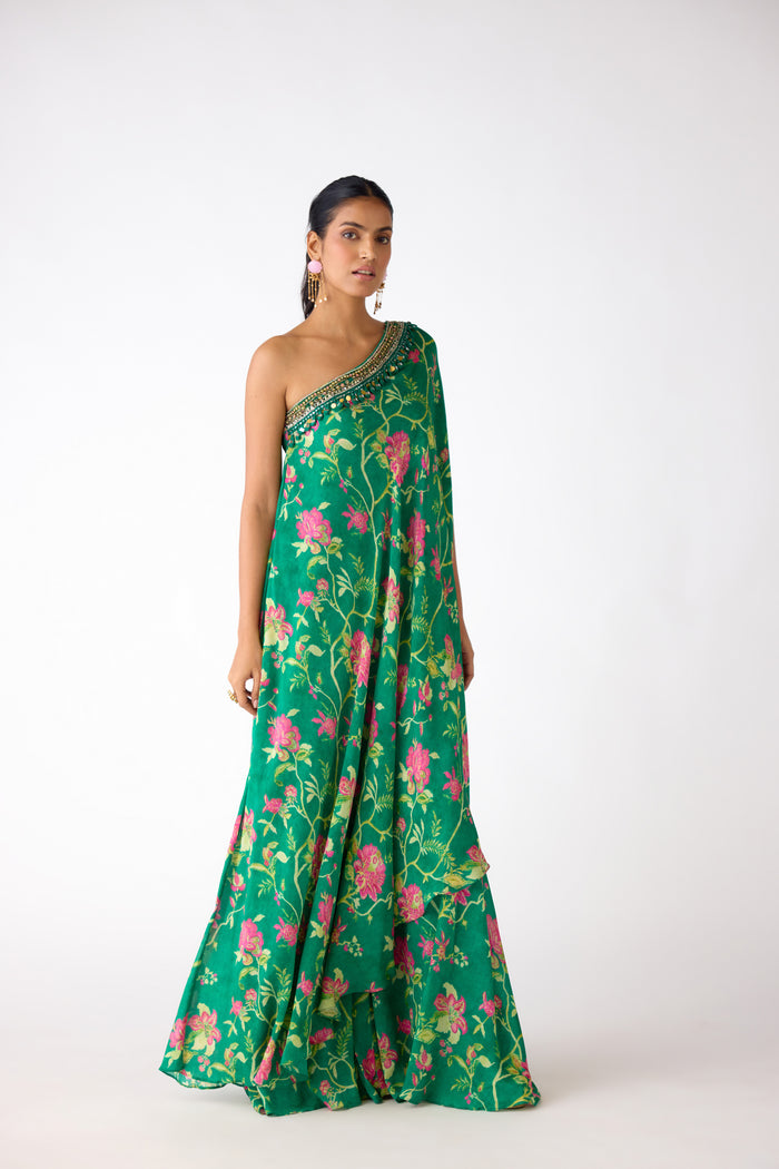 GREEN ONE SHOULDER MIRROR EMBELLISHED SHARARA SET