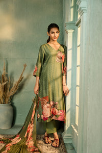 GREEN FLORAL PRINT SILK EMBROIDERED KURTA SET | Nishly Fashion House