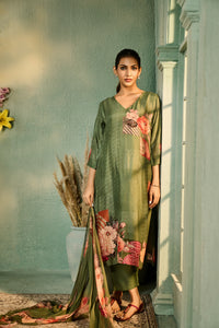 GREEN FLORAL PRINT SILK EMBROIDERED KURTA SET | Nishly Fashion House