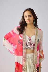 MULTICOLOR MIRROR EMBROIDERED CAPE & PLEATED SKIRT SET