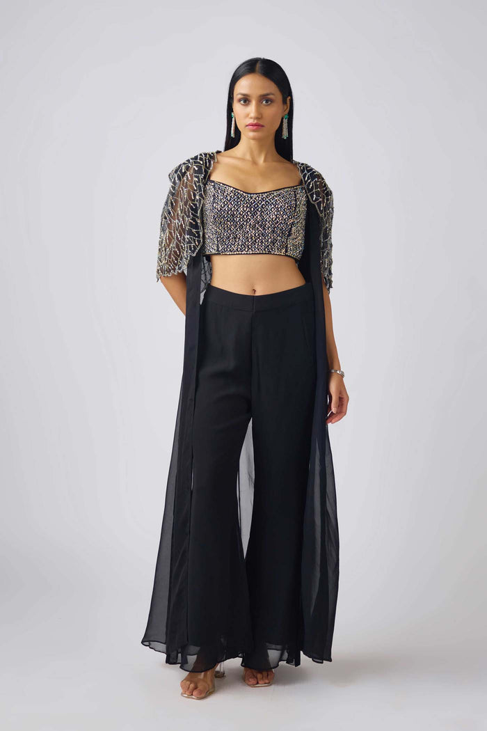 BLACK GEORGETTE EMBROIDERED CAPE SET