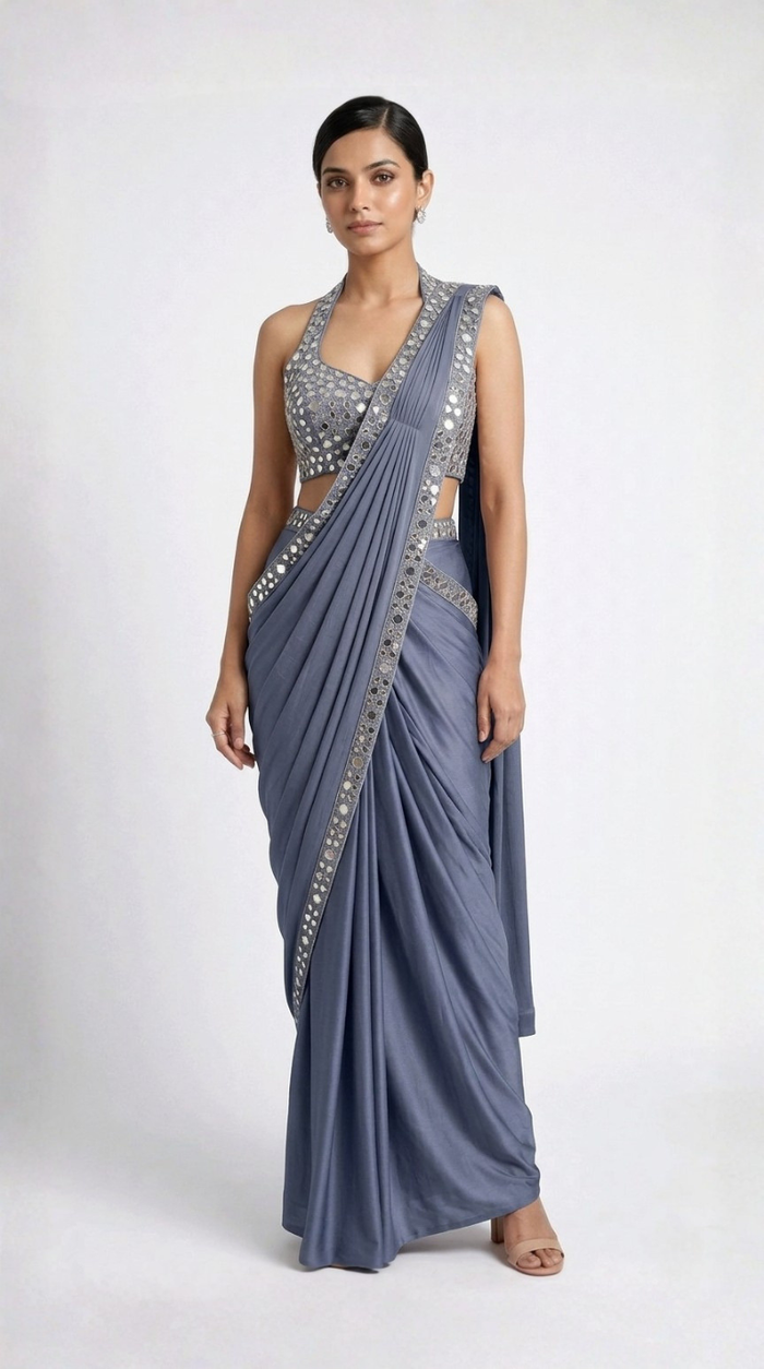 BLUE HALTER NECK MIRROR EMBROIDERED READY TO WEAR SAREE