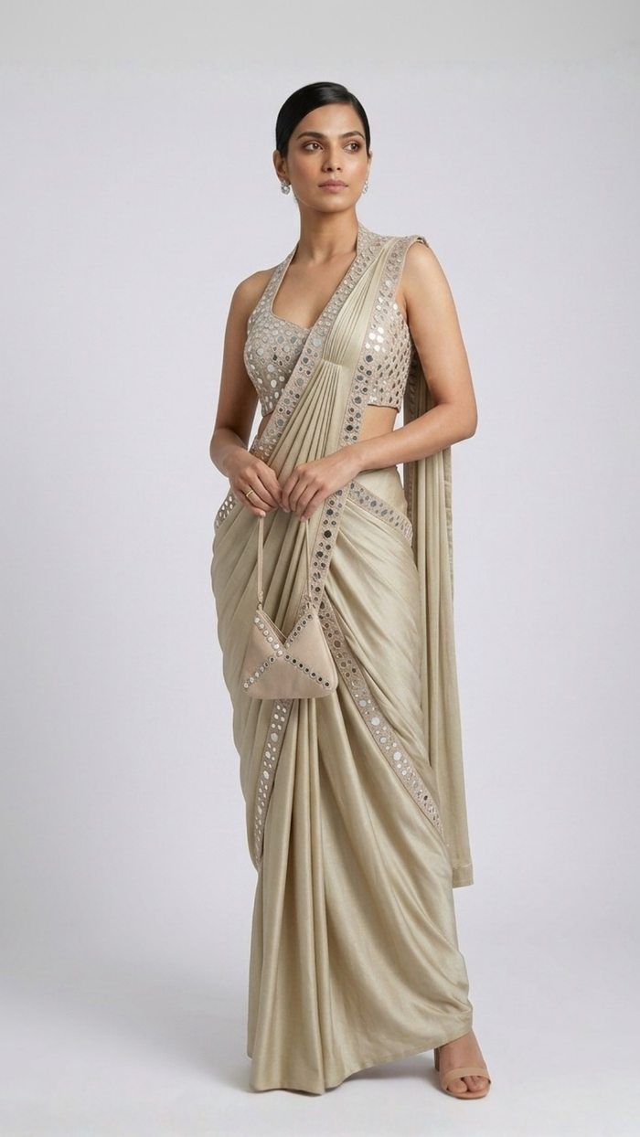 FAWN HALTER NECK MIRROR EMBROIDERED READY TO WEAR SAREE