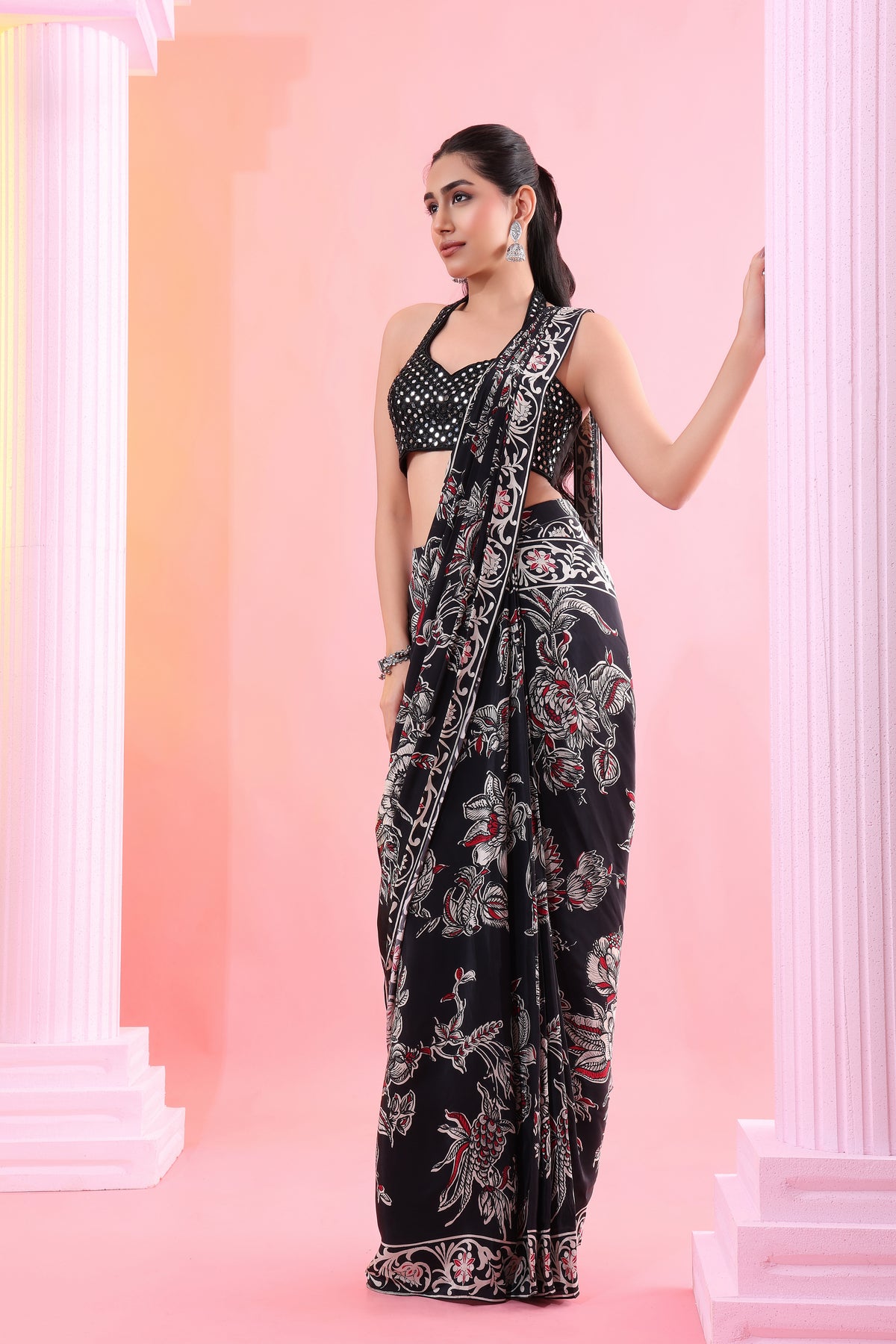MIRROR EMBROIDERED BLACK READY TO WEAR SAREE