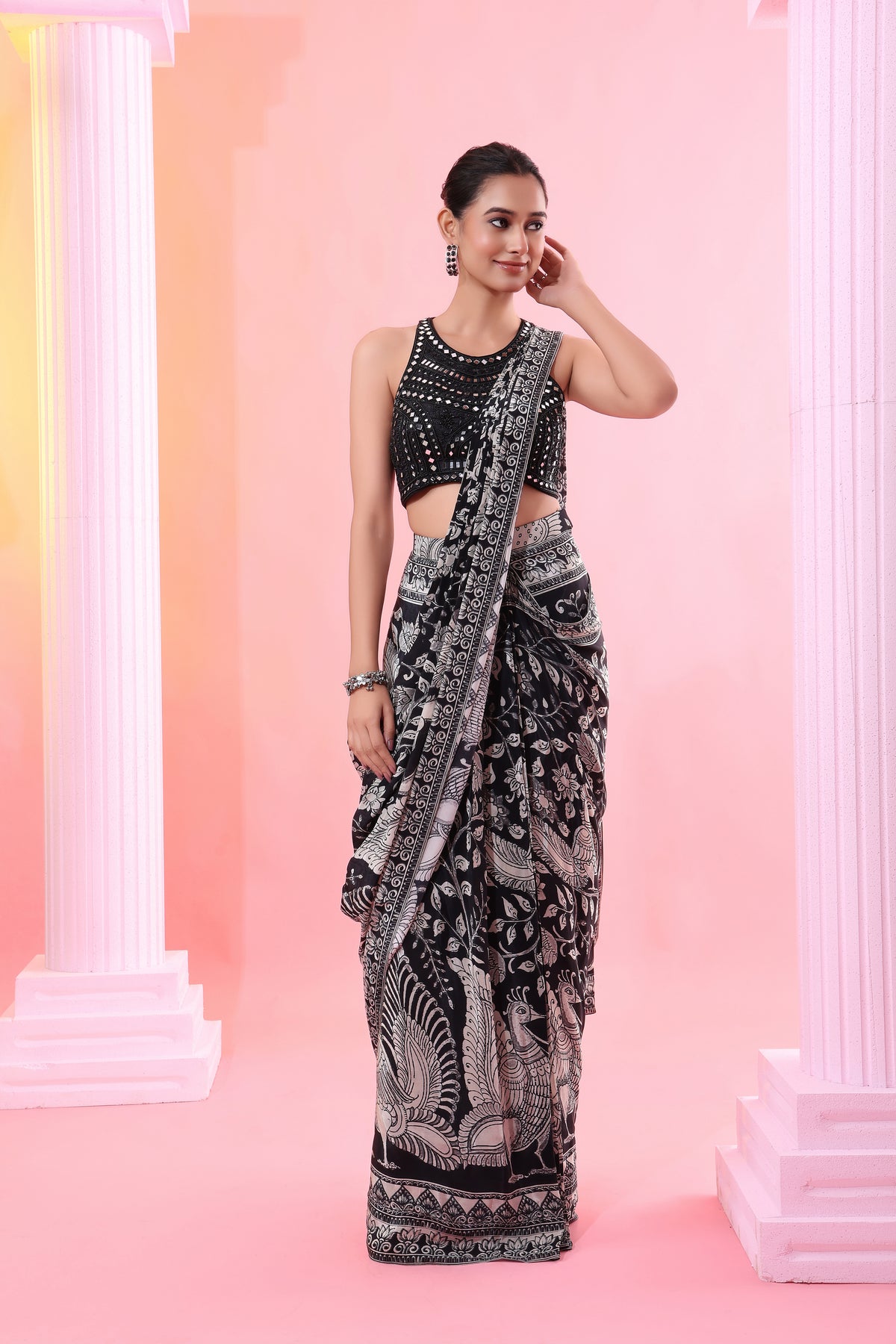 BLACK MIRROR EMBROIDERED READY TO WEAR SAREE | Nishly Fashion House