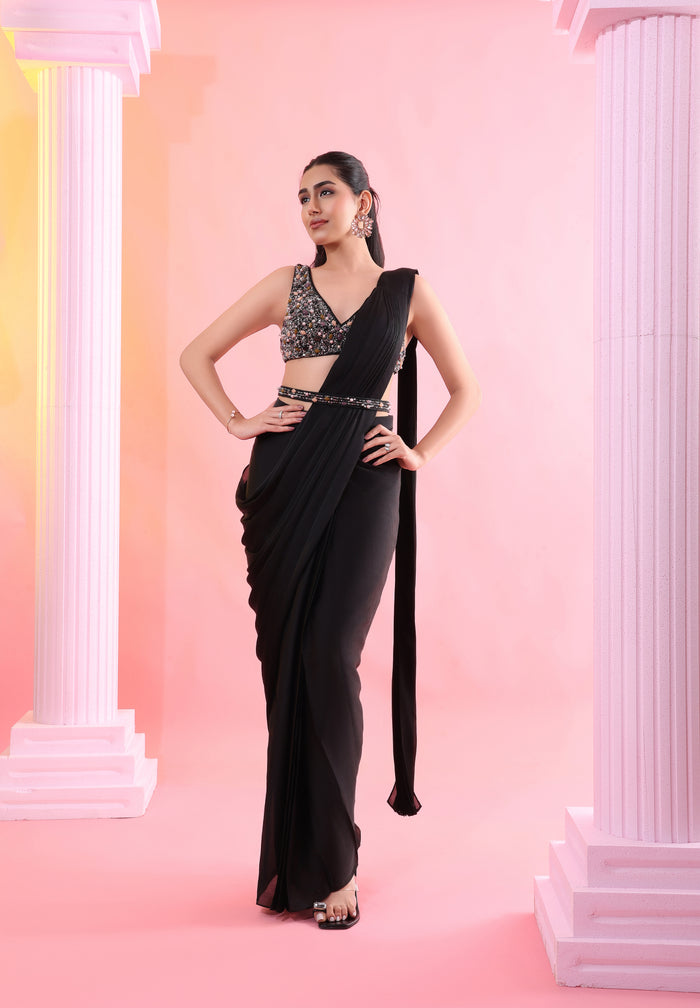CRYSTAL EMBROIDERED BLACK PRE DRAPED SAREE. | Nishly Fashion House