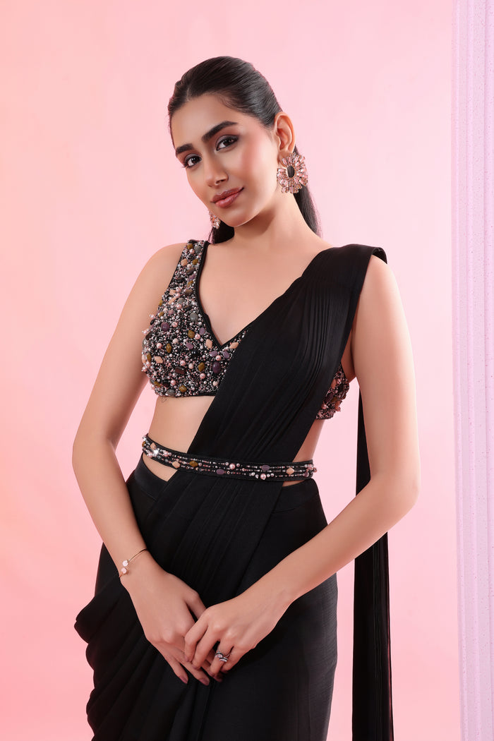 CRYSTAL EMBROIDERED BLACK PRE DRAPED SAREE. | Nishly Fashion House