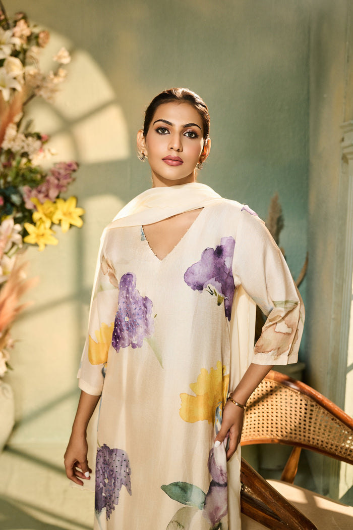 CREAM PRINTED SILK EMBROIDERED KURTA SET | Nishly Fashion House