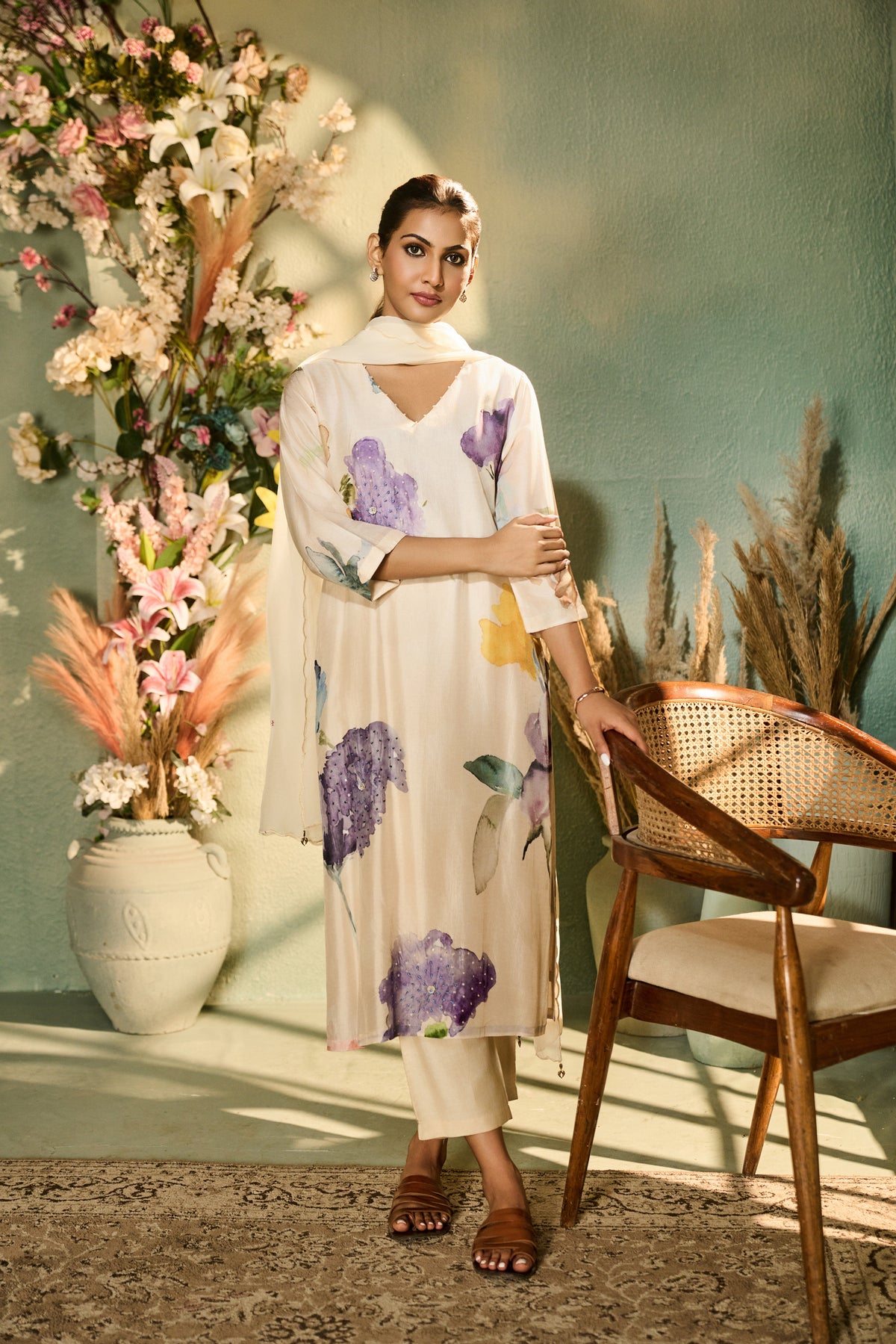 CREAM PRINTED SILK EMBROIDERED KURTA SET | Nishly Fashion House