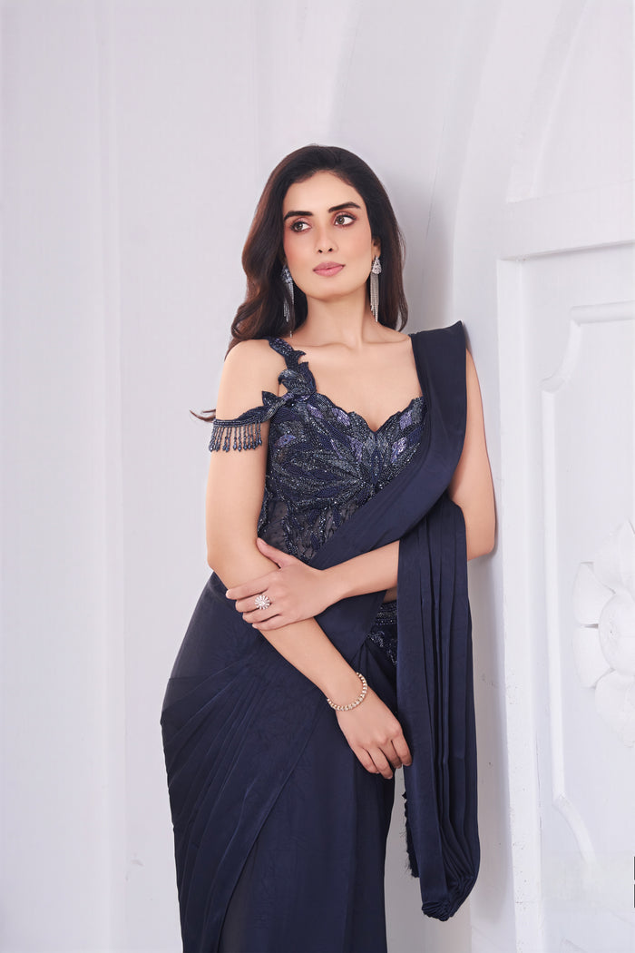 INTRICATE EMBROIDERED PRE DRAPED CORSET BLUE SAREE