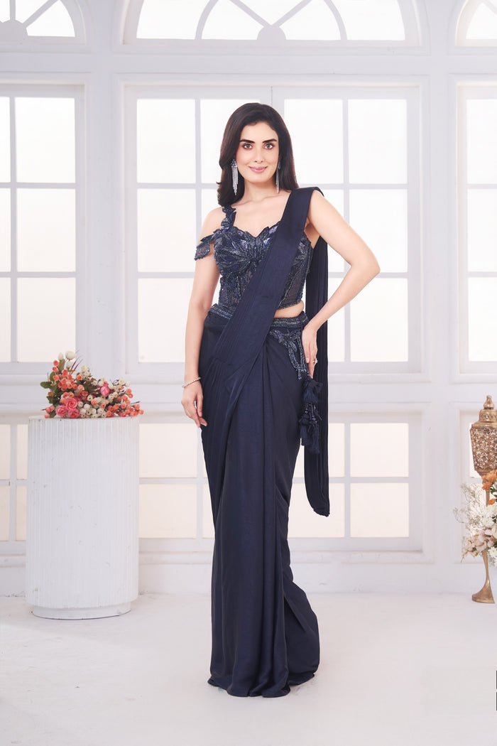 INTRICATE EMBROIDERED PRE DRAPED CORSET BLUE SAREE