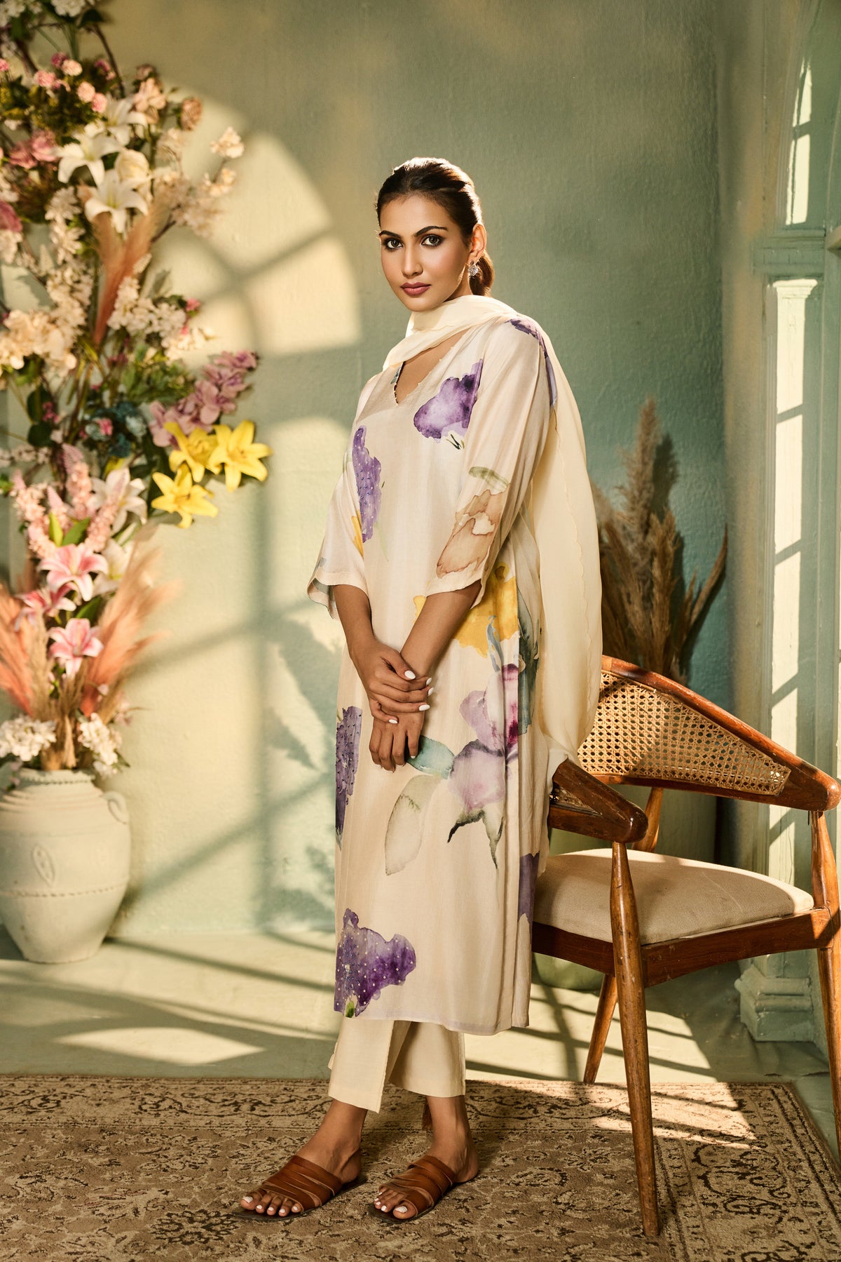 CREAM PRINTED SILK EMBROIDERED KURTA SET | Nishly Fashion House