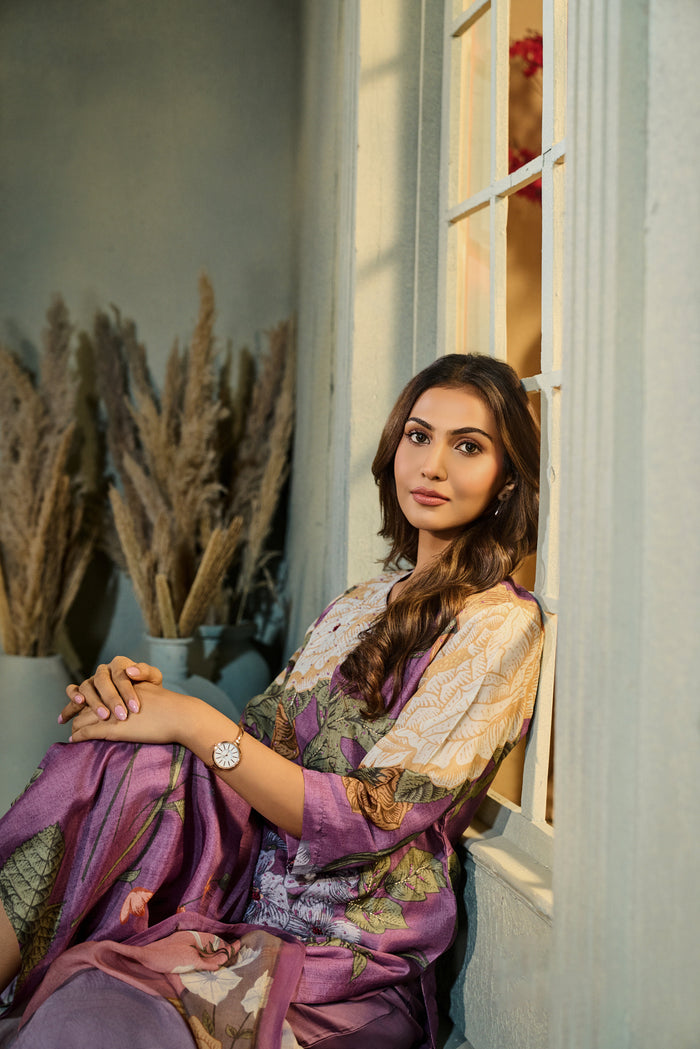 PURPLE PRINTED SILK EMBROIDERED KURTA SET | Nishly Fashion House
