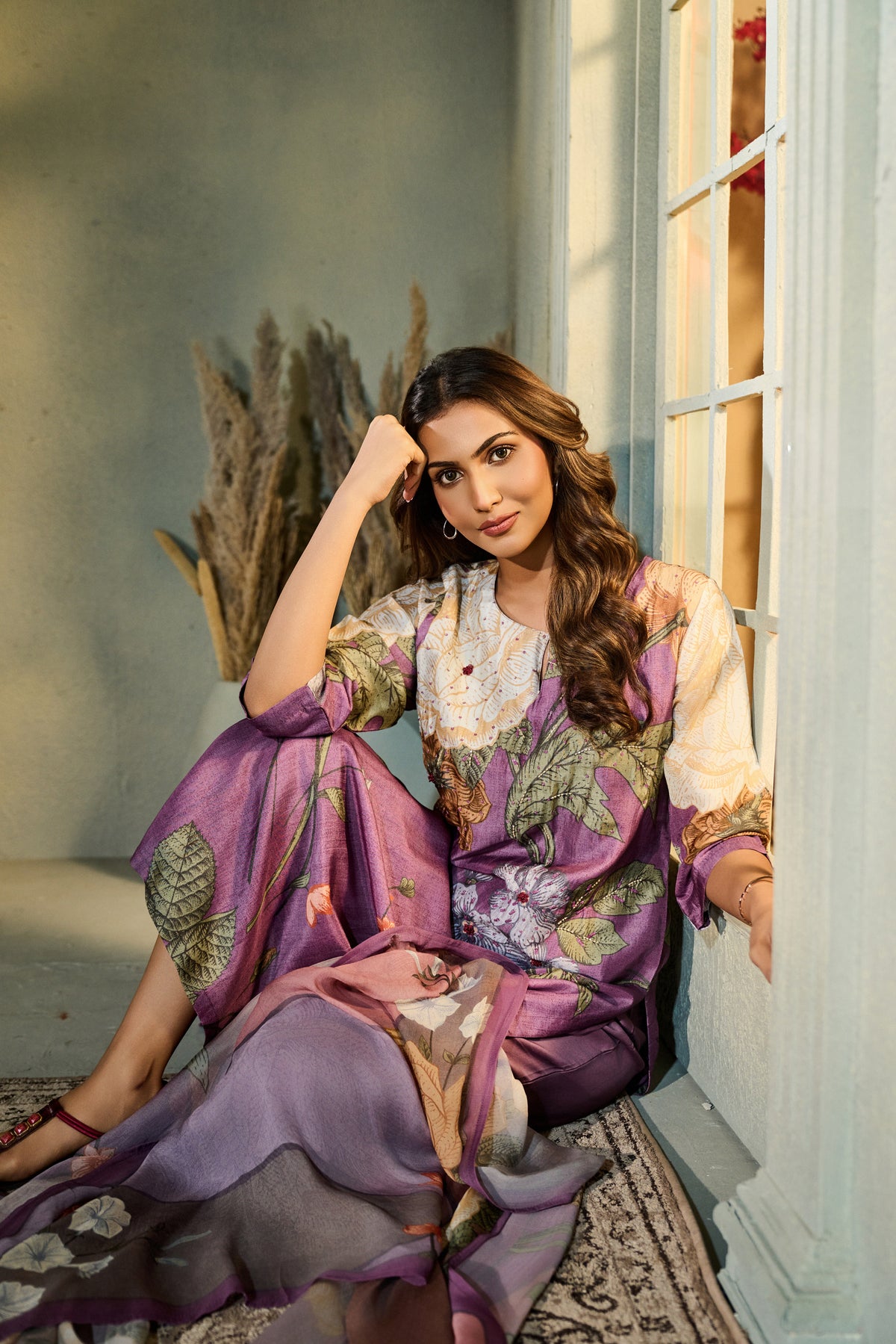 PURPLE PRINTED SILK EMBROIDERED KURTA SET | Nishly Fashion House