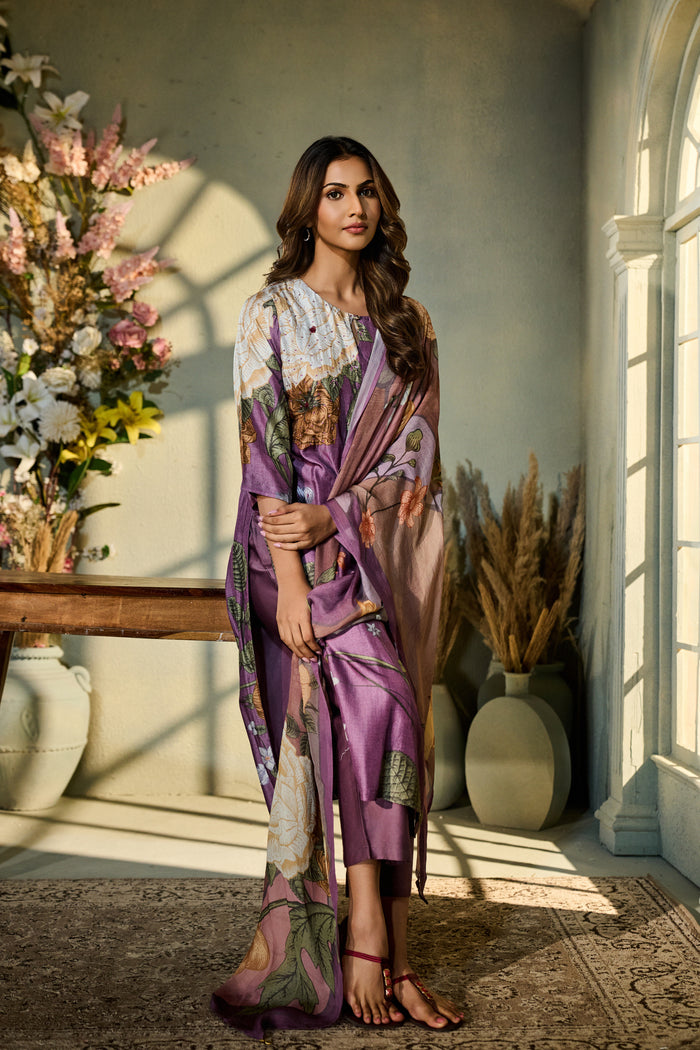 PURPLE PRINTED SILK EMBROIDERED KURTA SET | Nishly Fashion House