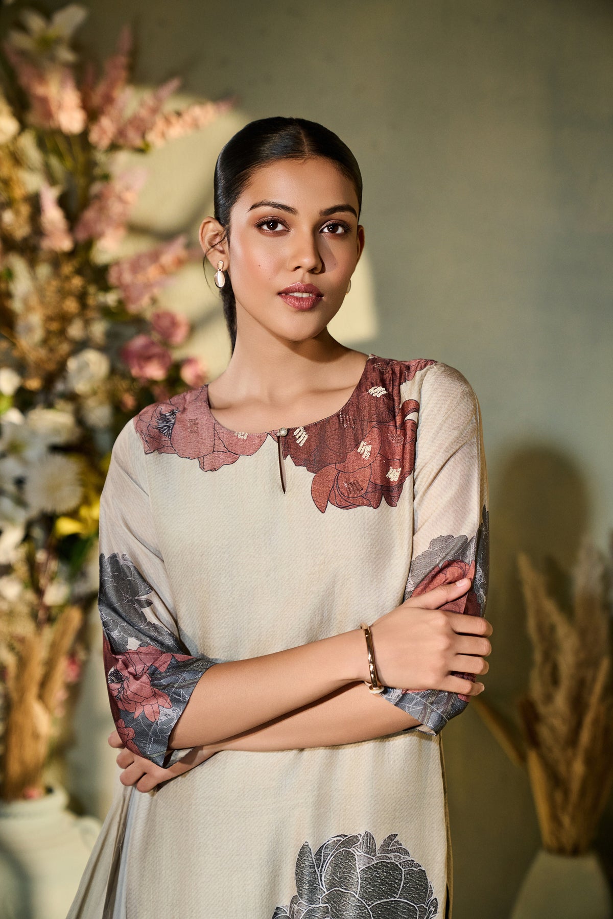 CREAM PRINTED SILK EMBROIDERED KURTA SET | Nishly Fashion House