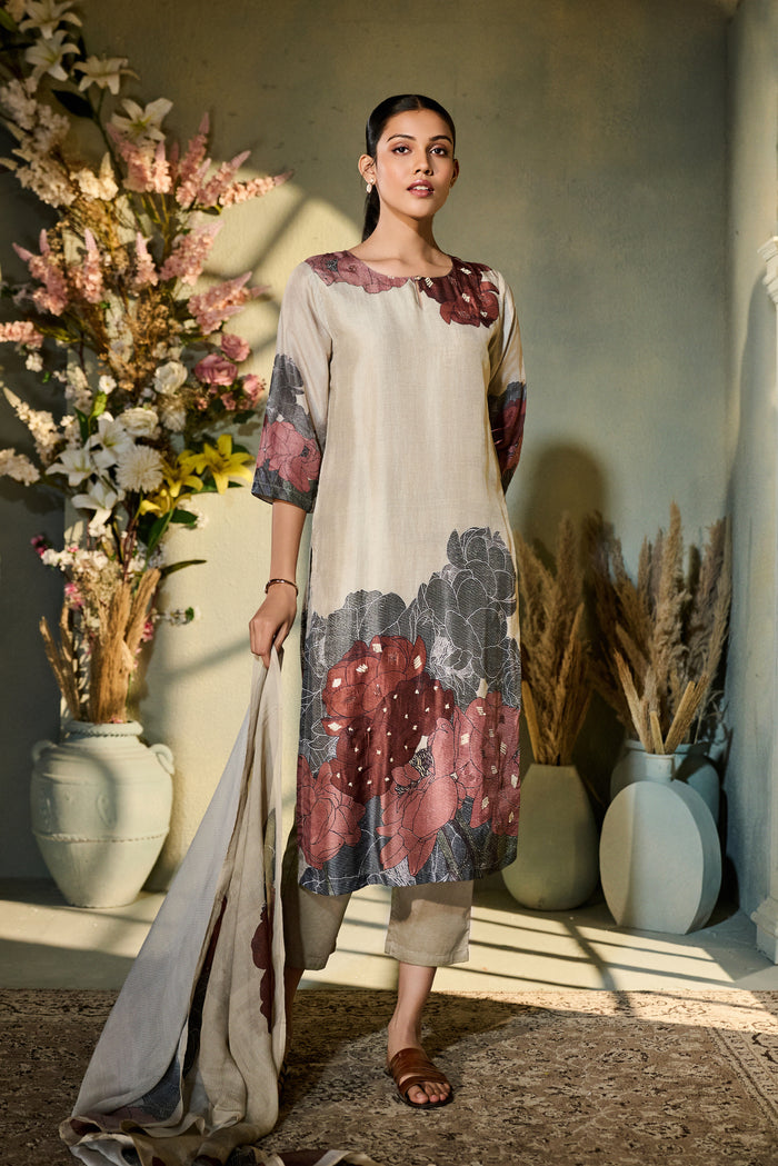 CREAM PRINTED SILK EMBROIDERED KURTA SET | Nishly Fashion House