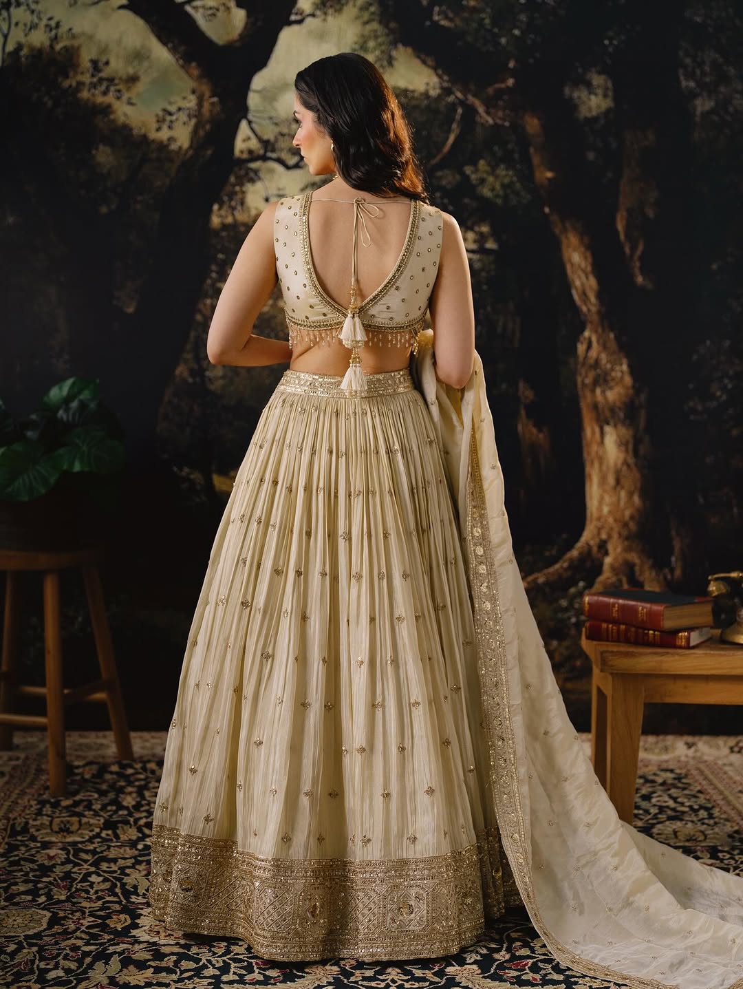 IVORY HAND EMBROIDERED TISSUE SILK LEHENGA SET | Nishly Fashion House
