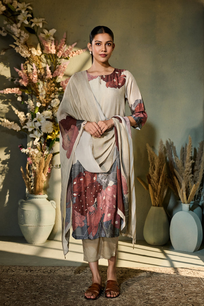 CREAM PRINTED SILK EMBROIDERED KURTA SET | Nishly Fashion House