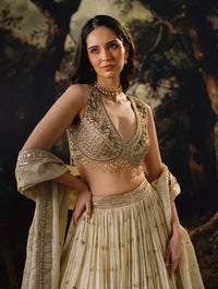 IVORY HAND EMBROIDERED TISSUE SILK LEHENGA SET | Nishly Fashion House