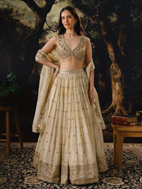 IVORY HAND EMBROIDERED TISSUE SILK LEHENGA SET | Nishly Fashion House