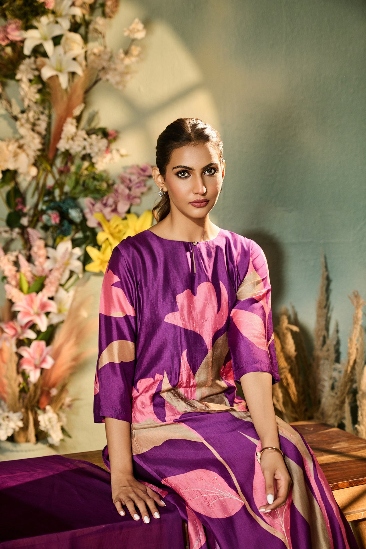PURPLE FLORAL PRINT SILK EMBROIDERED KURTA SET | Nishly Fashion House