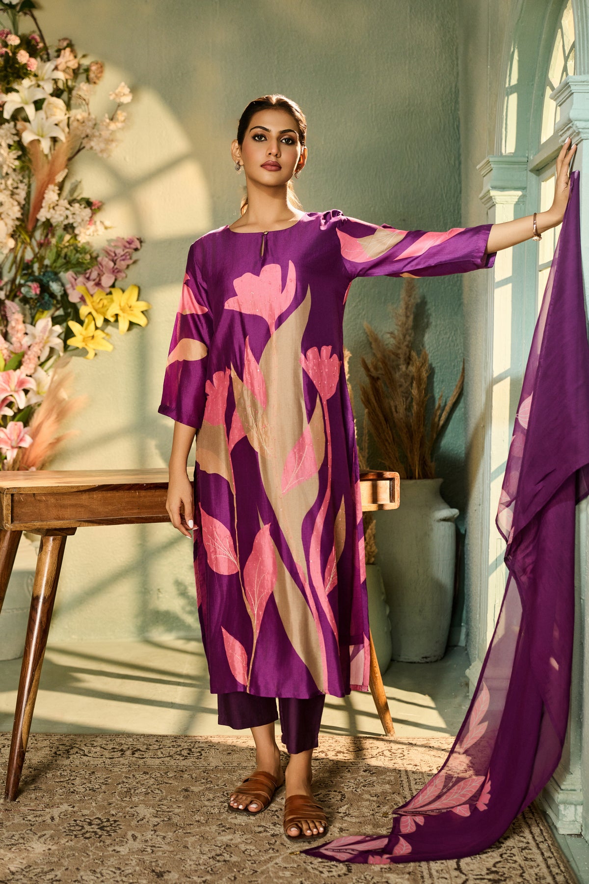 PURPLE FLORAL PRINT SILK EMBROIDERED KURTA SET | Nishly Fashion House