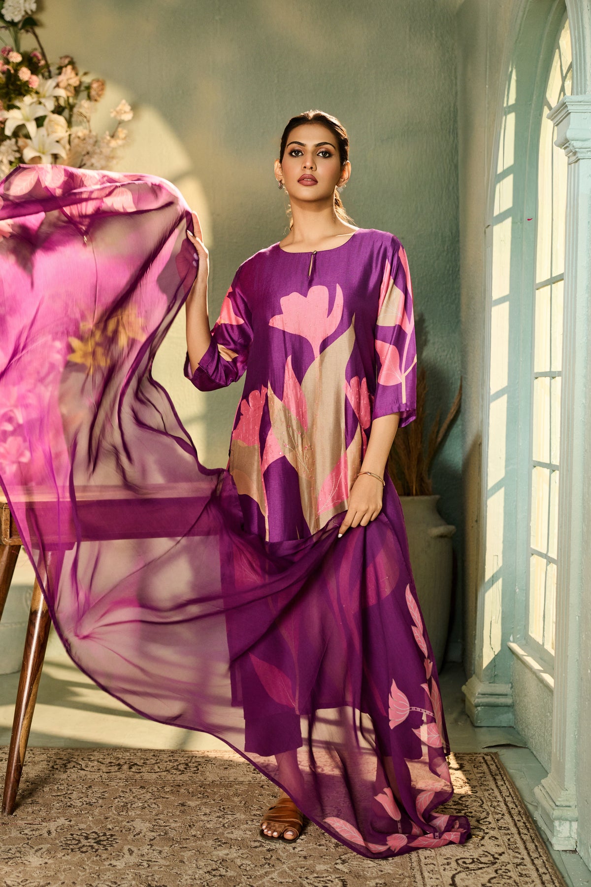 PURPLE FLORAL PRINT SILK EMBROIDERED KURTA SET | Nishly Fashion House