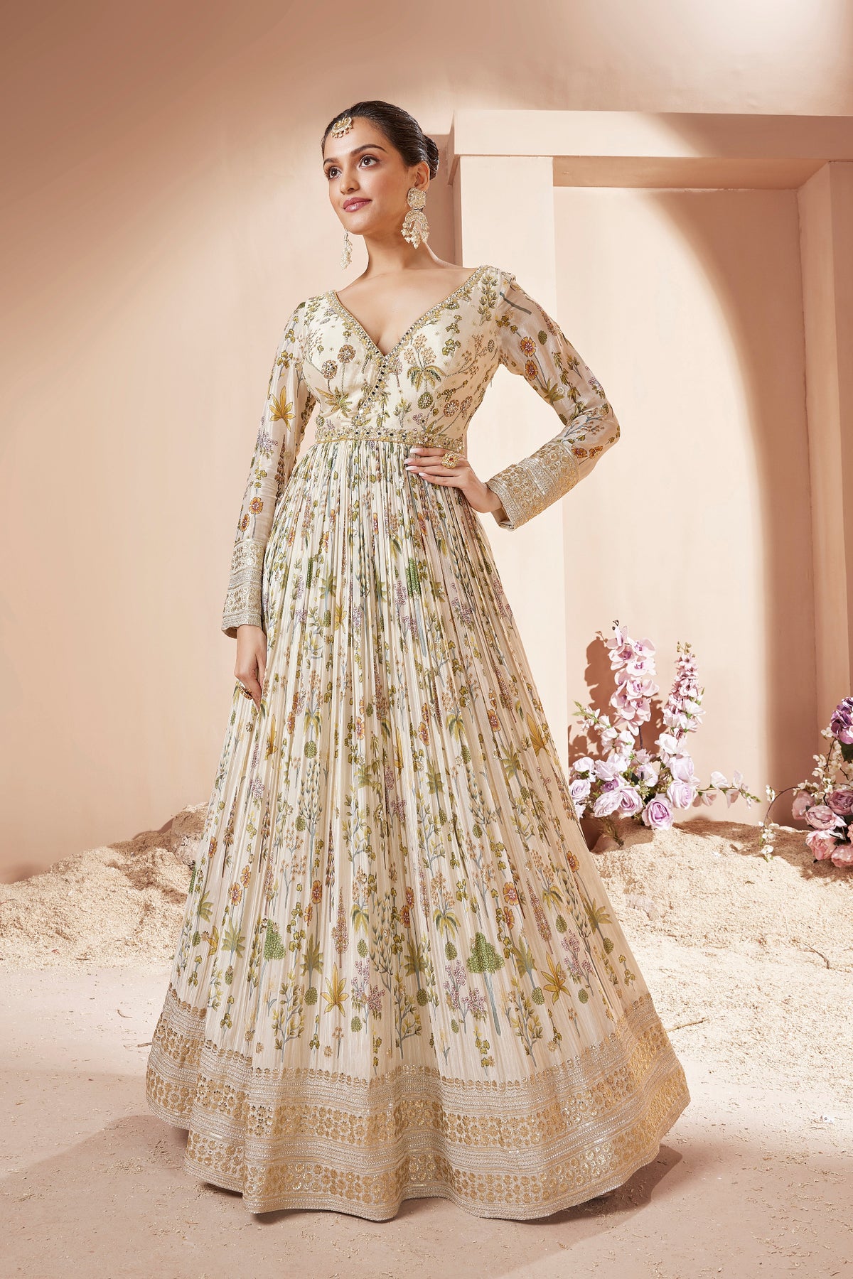 PRINTED CREAM MIRROR EMBROIDERED GOWN SET