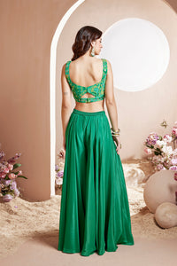 GREEN EMBROIDERED CREPE PRINTED CROP TOP AND SHARARA SET