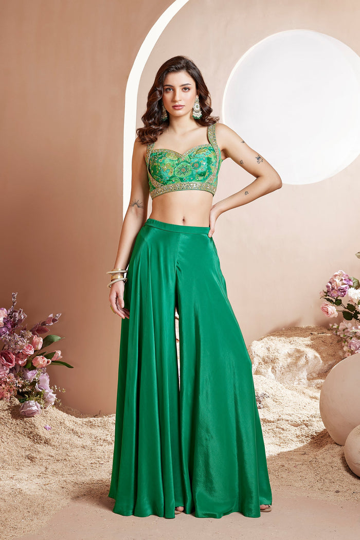 GREEN EMBROIDERED CREPE PRINTED CROP TOP AND SHARARA SET