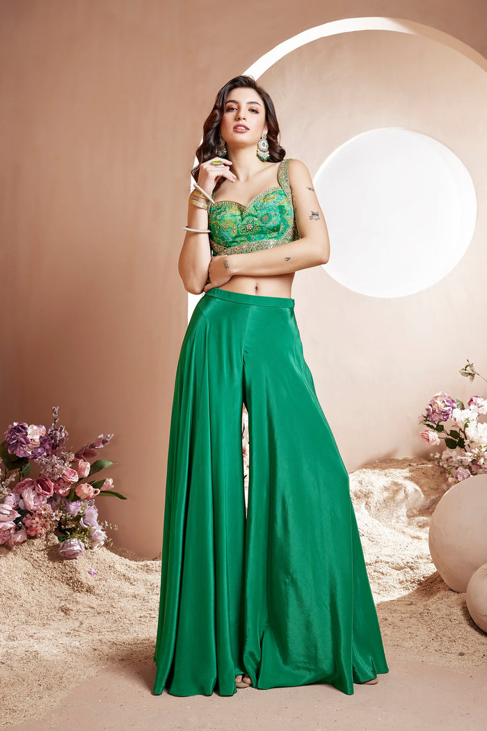 GREEN EMBROIDERED CREPE PRINTED CROP TOP AND SHARARA SET