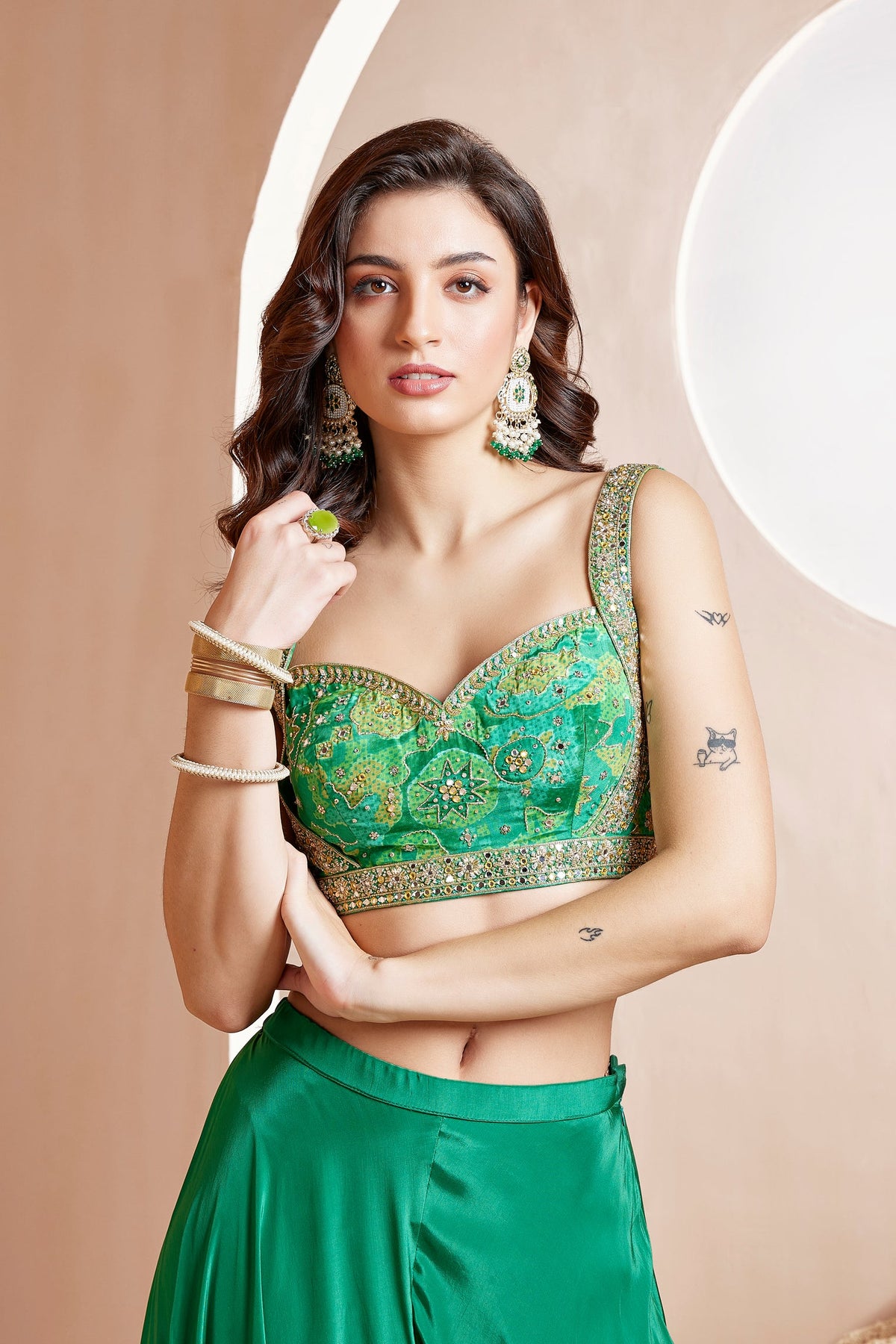 GREEN EMBROIDERED CREPE PRINTED CROP TOP AND SHARARA SET