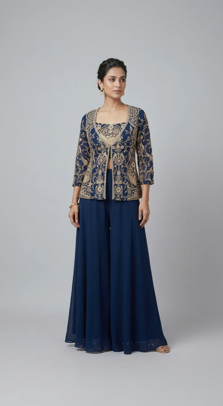 BLUE EMBROIDERED GEORGETTE JACKET SHARARA SET WITH THREAD WORK