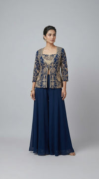 BLUE EMBROIDERED GEORGETTE JACKET SHARARA SET WITH THREAD WORK