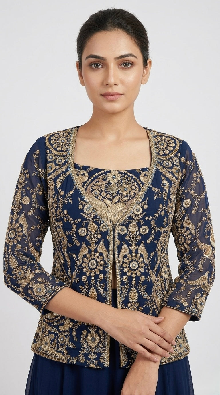 BLUE EMBROIDERED GEORGETTE JACKET SHARARA SET WITH THREAD WORK
