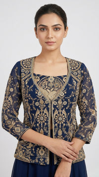 BLUE EMBROIDERED GEORGETTE JACKET SHARARA SET WITH THREAD WORK