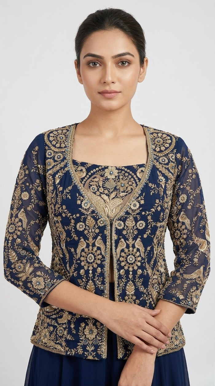 BLUE EMBROIDERED GEORGETTE JACKET SHARARA SET WITH THREAD WORK