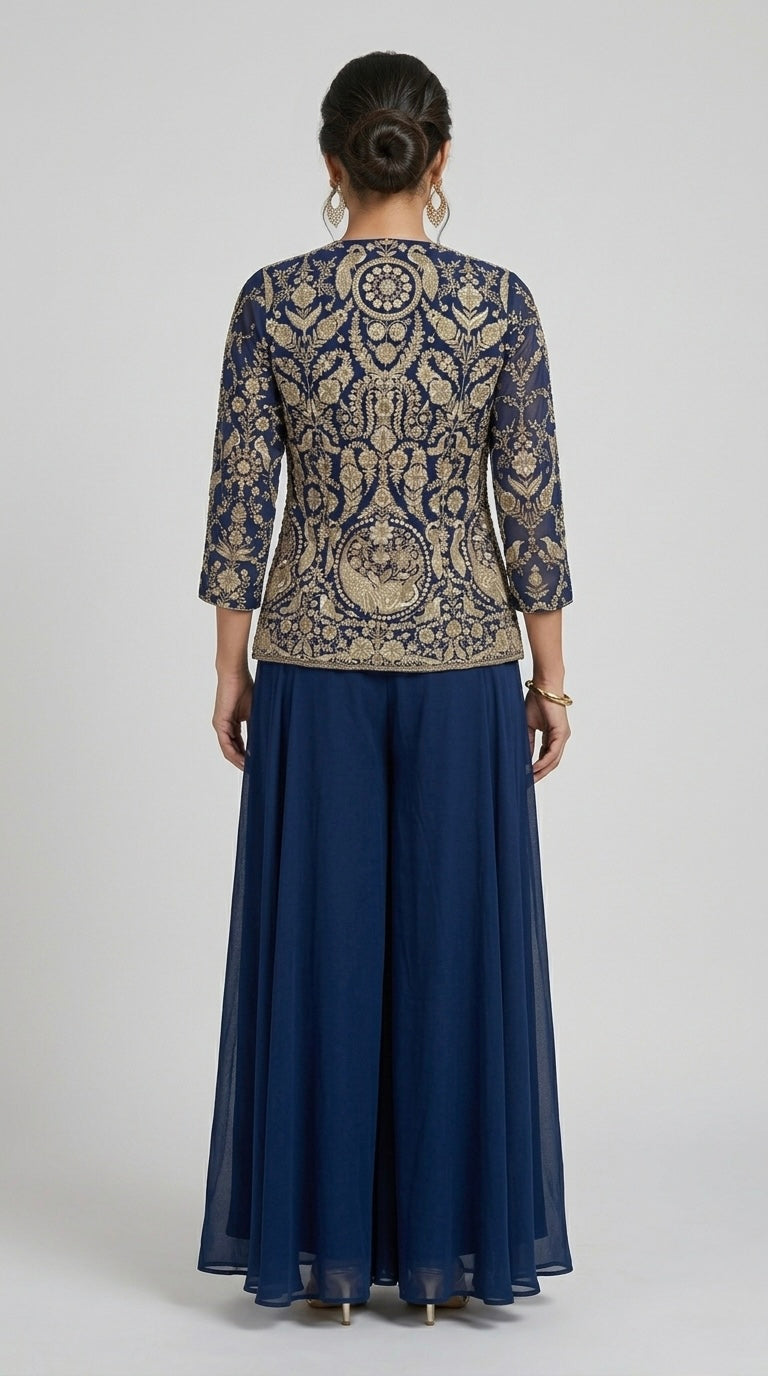 BLUE EMBROIDERED GEORGETTE JACKET SHARARA SET WITH THREAD WORK