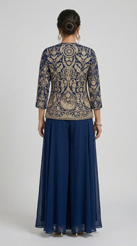 BLUE EMBROIDERED GEORGETTE JACKET SHARARA SET WITH THREAD WORK