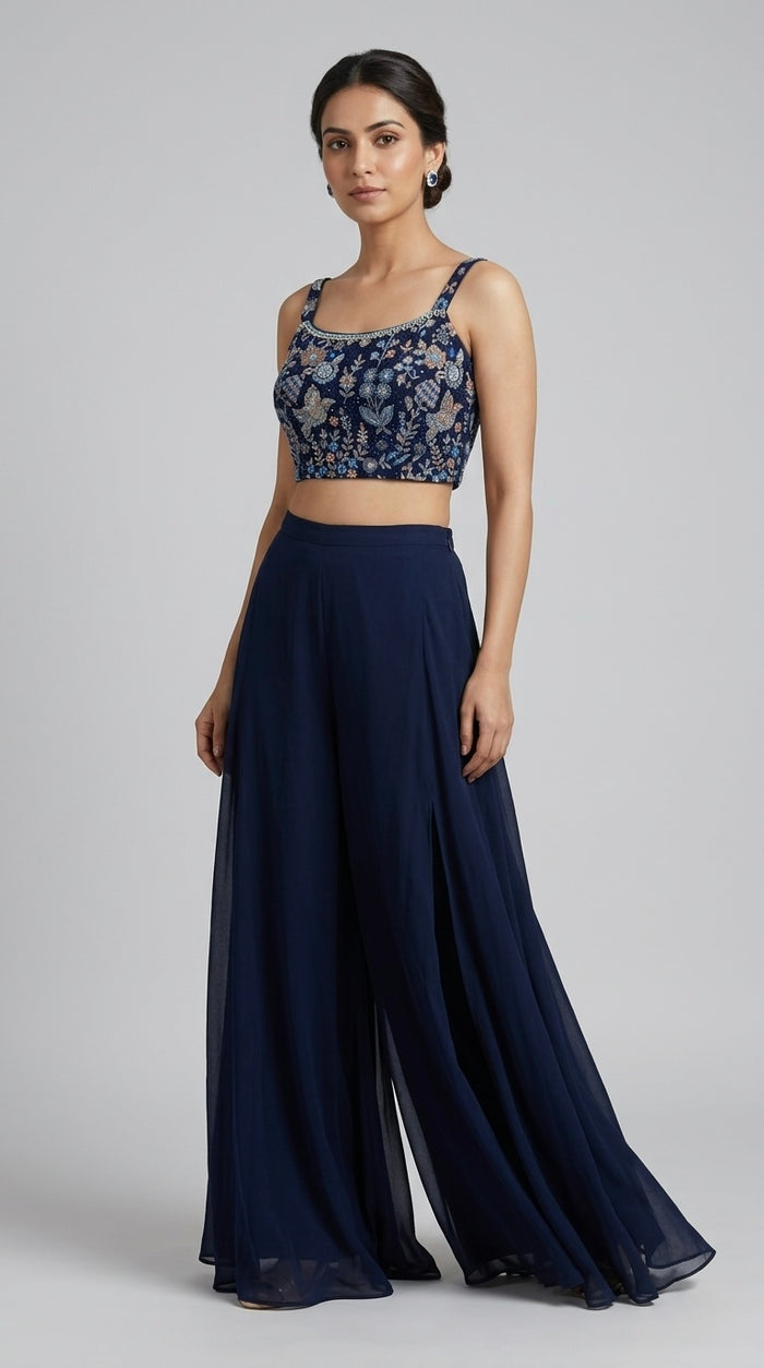NAVY BLUE SEQUINS EMBROIDERED JACKET SET