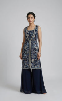 NAVY BLUE SEQUINS EMBROIDERED JACKET SET