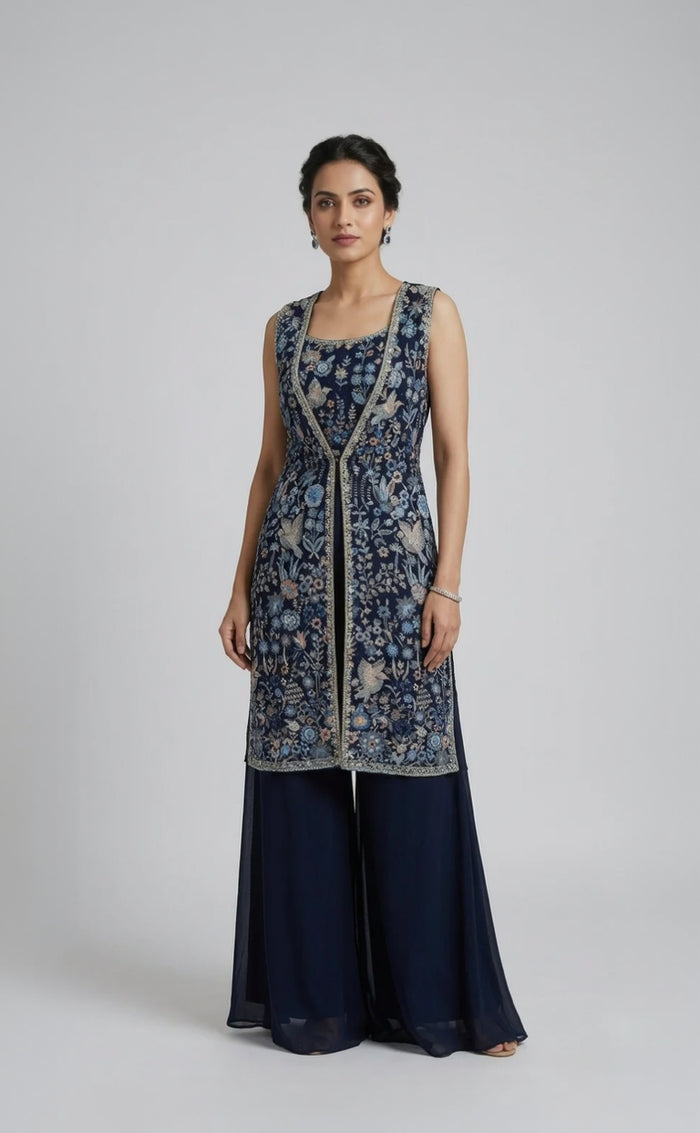 NAVY BLUE SEQUINS EMBROIDERED JACKET SET